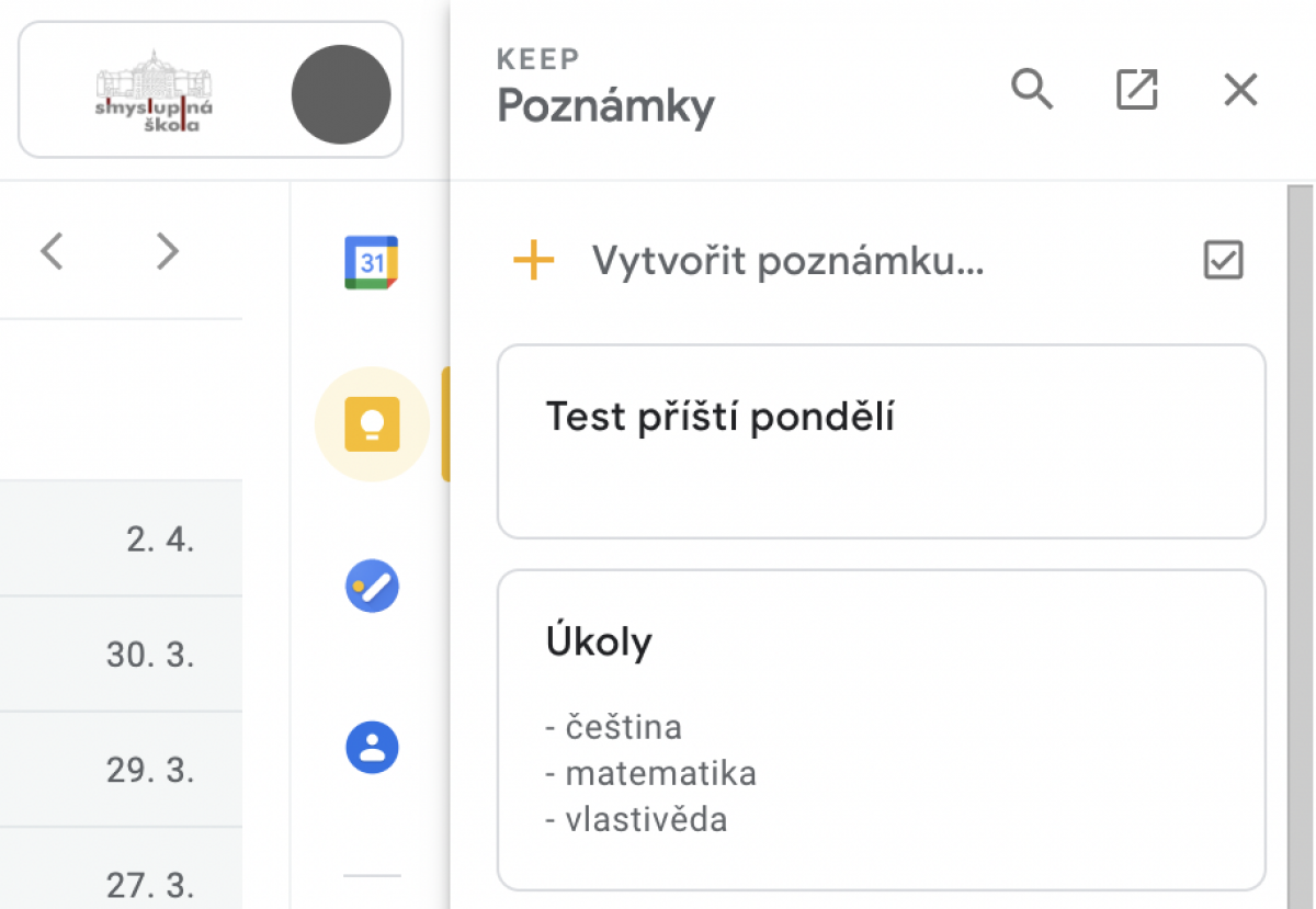 Snímek obrazovky - Google Keep v Gmailu