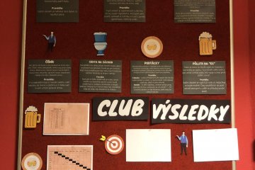 Klubová tabule s motivacemi disciplín, pravidly a průběžnými výsledky.