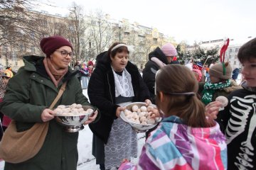 Zmrzlé nosy, hřejivá nálada a vůně koblih: Jak masopustní průvod rozehřál zasněžený Karlín