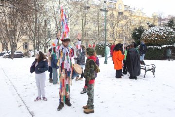 Zmrzlé nosy, hřejivá nálada a vůně koblih: Jak masopustní průvod rozehřál zasněžený Karlín