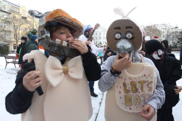 Zmrzlé nosy, hřejivá nálada a vůně koblih: Jak masopustní průvod rozehřál zasněžený Karlín